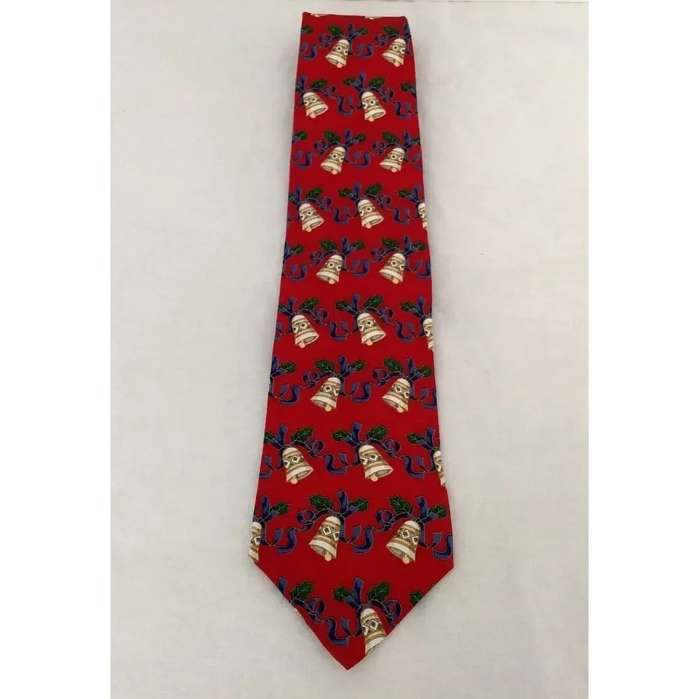 CLAYBROOKE 100% Silk‎ Red Neck Tie Christmas Collection Handmade Bells & Ribbon